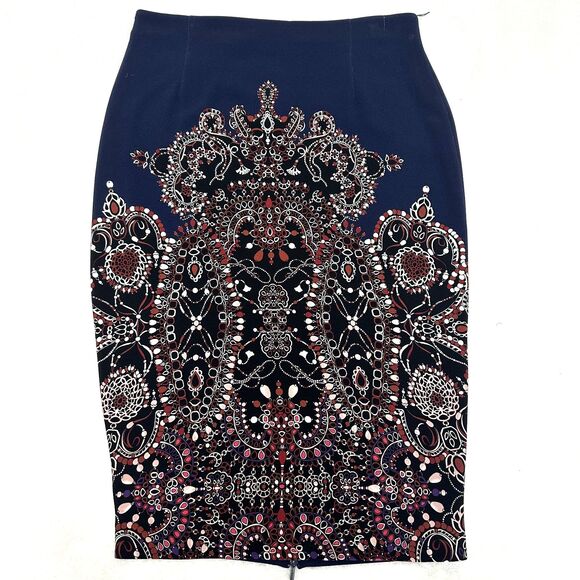 PINKO Women's Navy Blue w/Multicolor Paisley Print Midi Pencil Skirt Sz 8 Italy - Picture 9 of 16